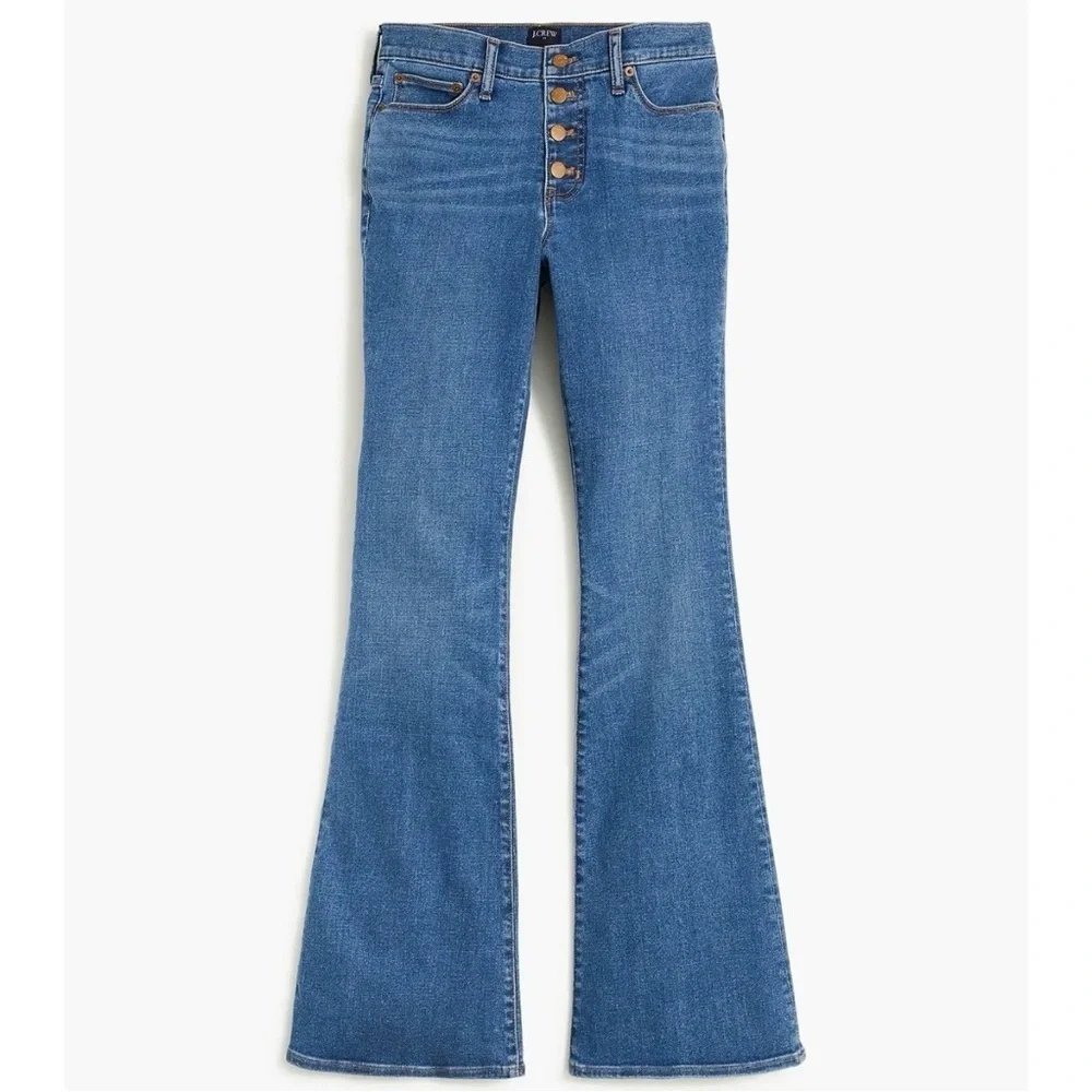 New J Crew Full Length Flare Jeans Button Fly‎ Medium Wash 27 Signature Stretch